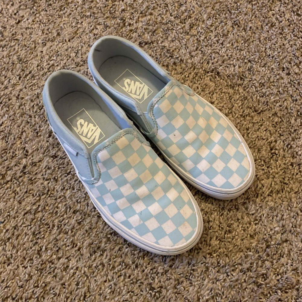 LIGHT BLUE CHECKERED VANS SLIP ONS